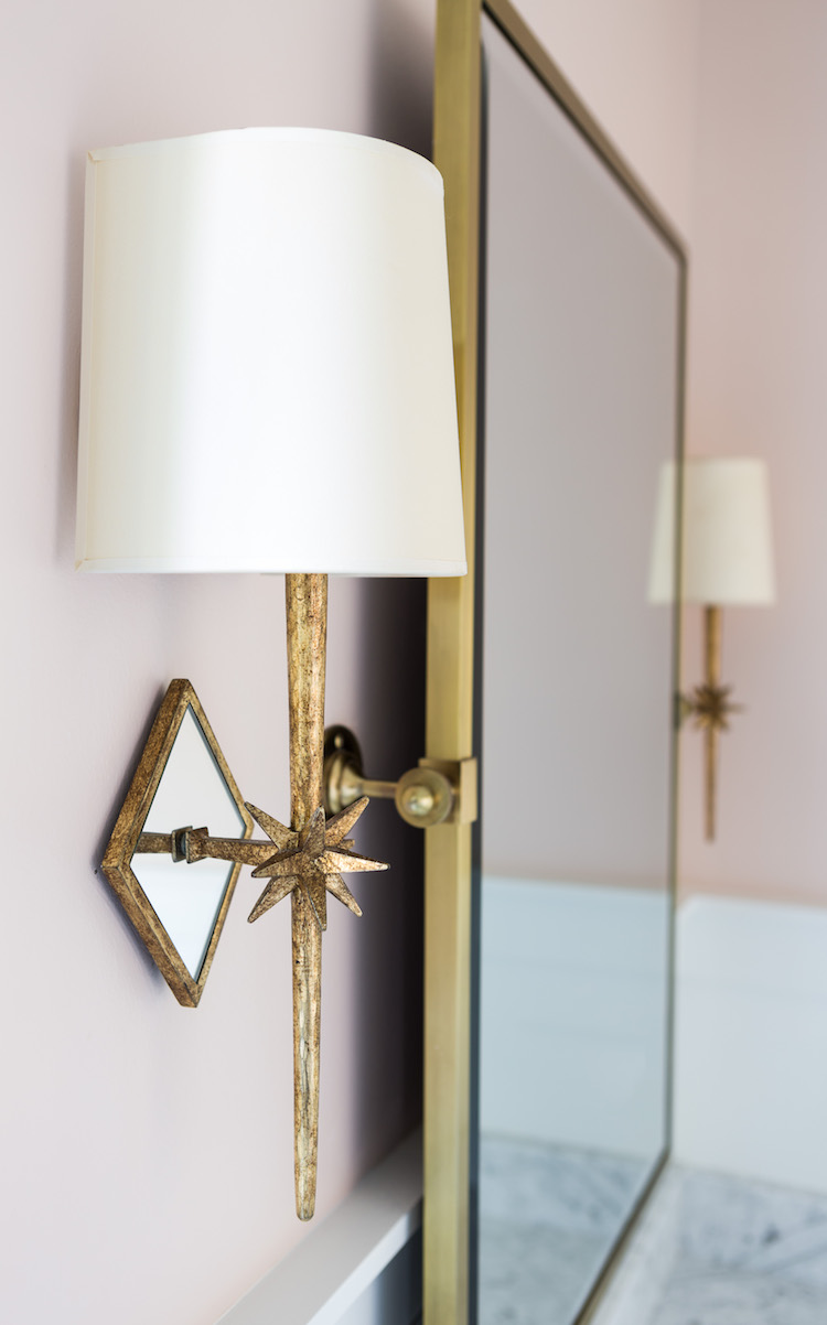 Visual Comfort Etoile Sconce, Farrow & Ball Pink Ground Wall Paint, Pottery Barn Vintage Pivot Mirror