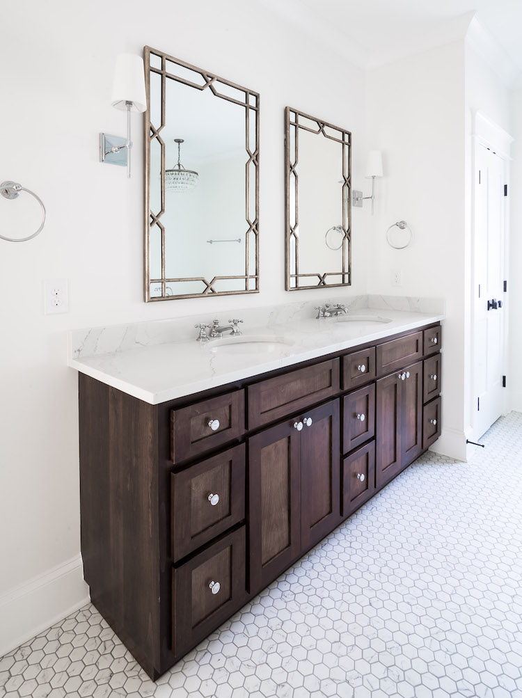 Master Bathroom with Wisteria Mirrors, Dark Walnut Vanity- Interior Design by Laura Design Co.