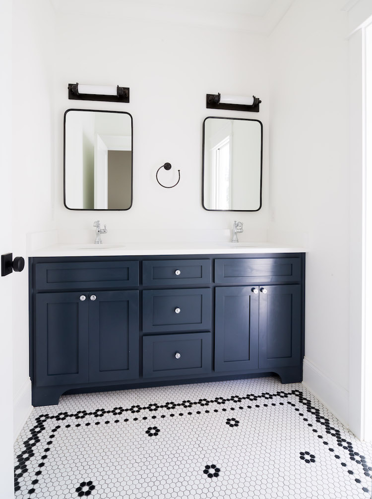 Hex Tile Mosaic Floor with Border, Vanity is Blue Note by Benjamin Moore- Interior Design by Laura Design Co.