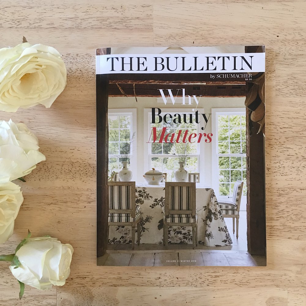 Schumacher's The Bulletin Magazine, featuring Pyne Hollyhock fabric & wallpaper and bathroom design by Laure Design Co.