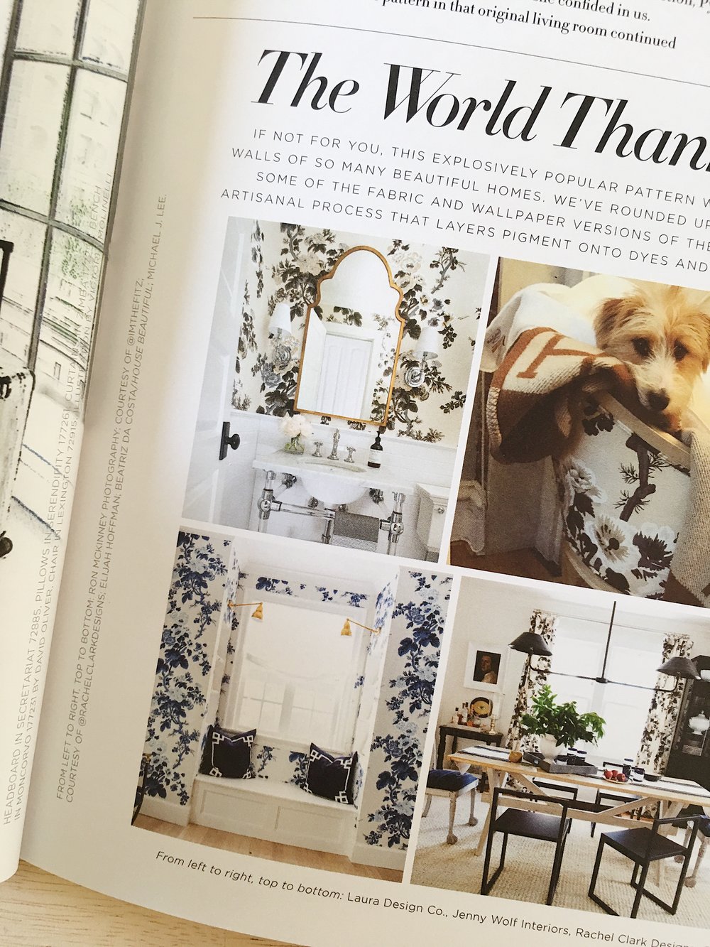 Schumacher's The Bulletin Magazine, featuring Pyne Hollyhock fabric & wallpaper and bathroom design by Laure Design Co.