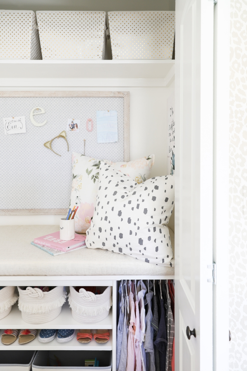 Built-in DIY closet reading nook, kids bedroom closet hideaway, closet bed, kids rooms- Tween Girls Bedroom Design by Laura Design Co., Photo by Emily Kennedy