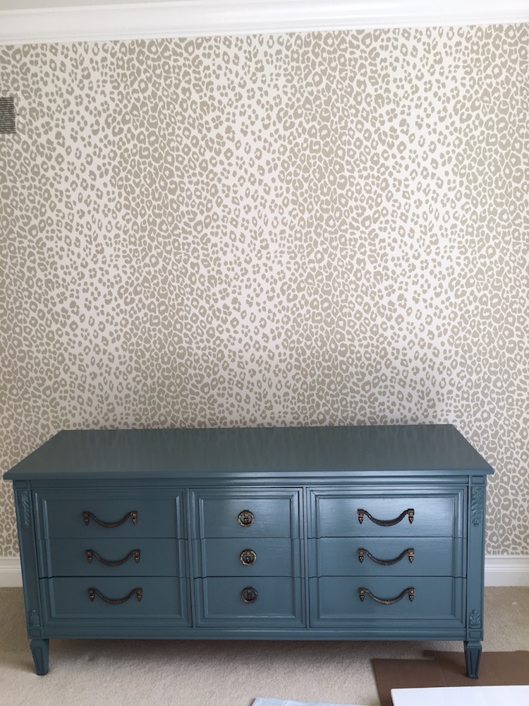 One Room Challenge Laura Design Co. - Tween Girl's Bedroom Redesign- Dresser is Farrow & Ball No. 289 Inchyra Blue, Walls are Schumacher Iconic Leopard
