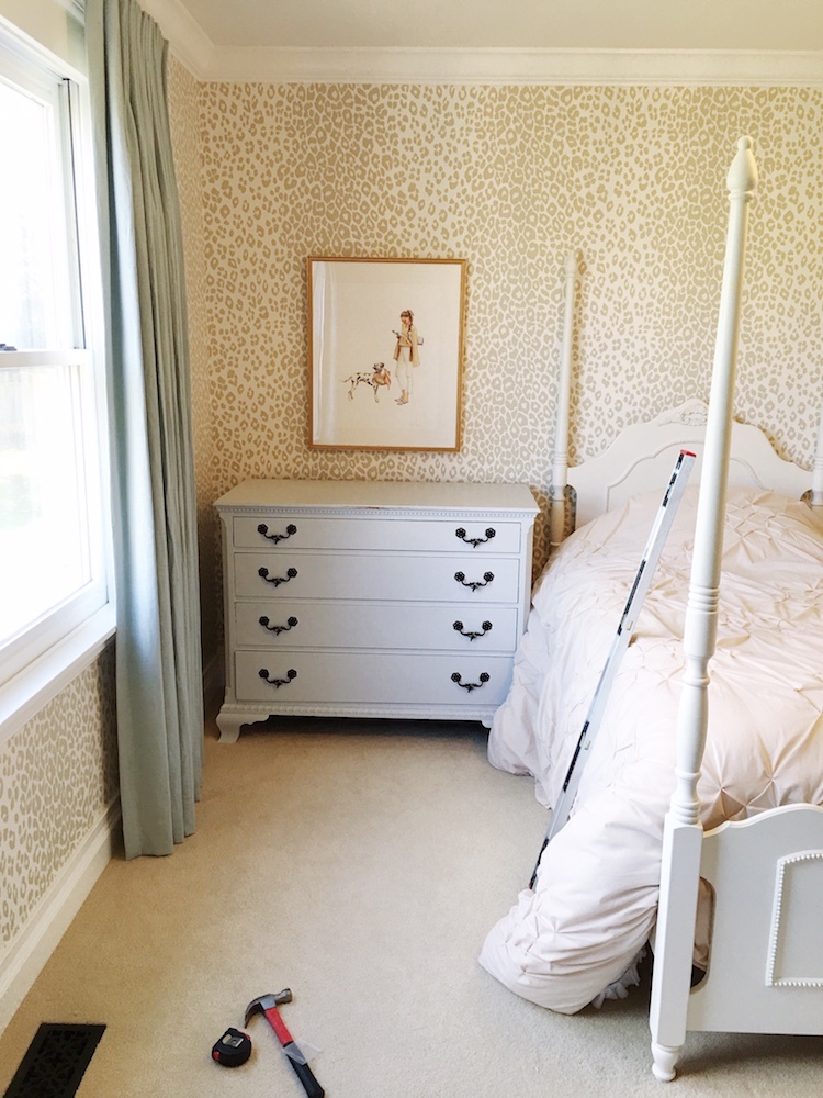 Schumacher Iconic Leopard Wallpaper, Vintage Dresser, Inslee Farris Artwork- One Room Challenge by Laura Design Co.